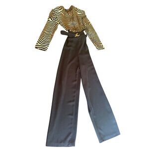 Cache Zebra Print Top & High-Waisted Black Wide-Leg Jumpsuit Size 12 Vintage 90s
